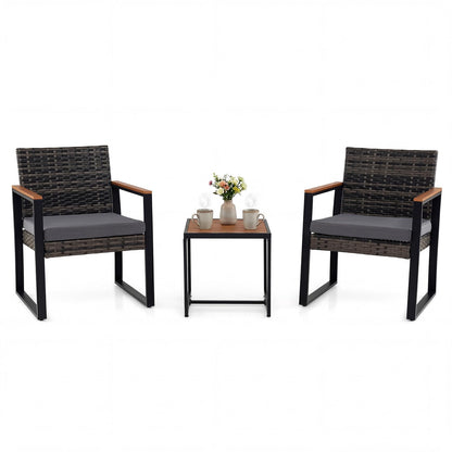 3 Pieces Patio Rattan Bistro Set, PE Wicker Garden Furniture Set with Soft Cushion and Side Table