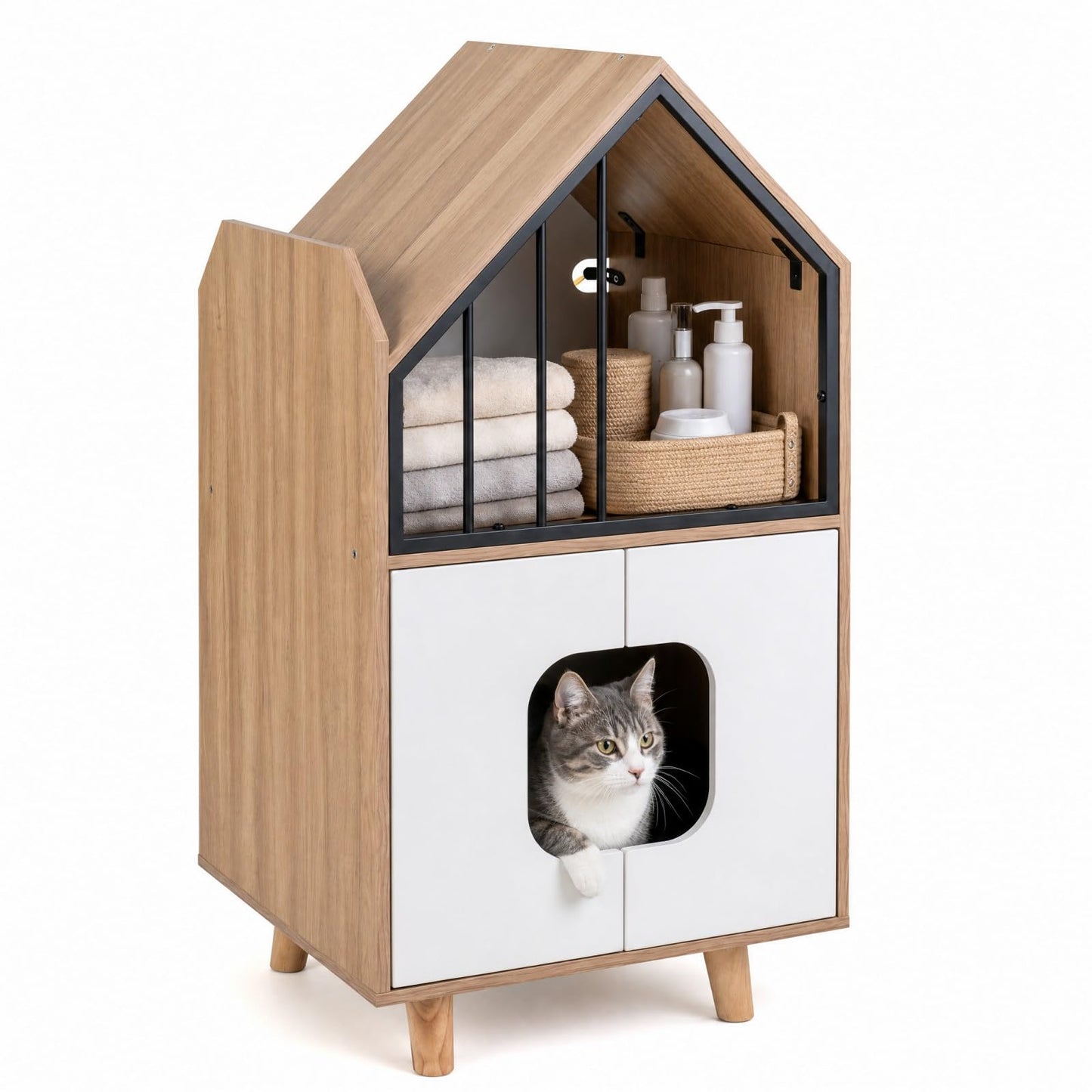 3 in 1 Cat Litter Box Enclosure, Wooden Hidden Washroom Toilet