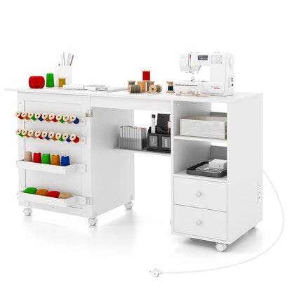 Folding Sewing Table with Charging Station, Craft Table (Natural) | Drop Leaf