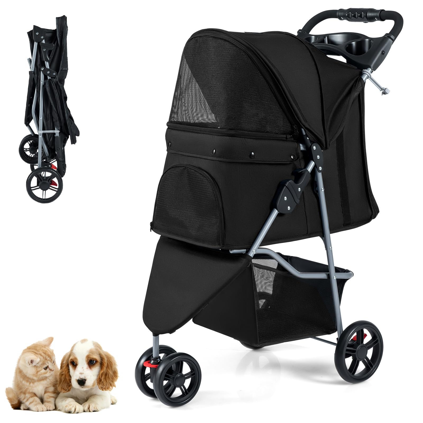 Pet Stroller with Adjustable Canopy and 3 Shock-absorbing Wheels ...
