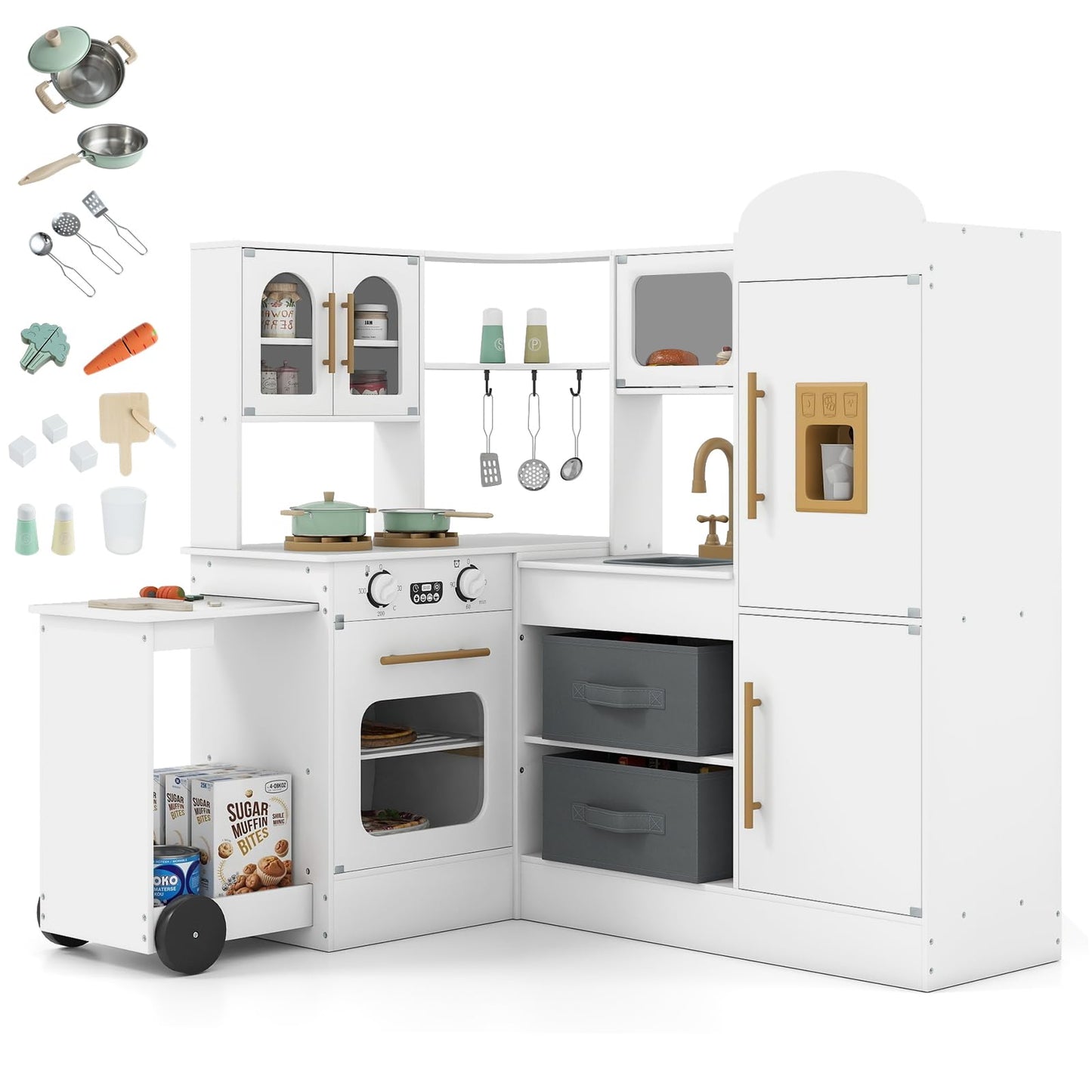 Corner Kitchen Playset Kids Pretend Play Kitchen with Pull-out Cart Fabric Bins