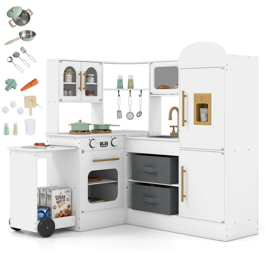 Corner Kitchen Playset Kids Pretend Play Kitchen with Pull-out Cart Fabric Bins