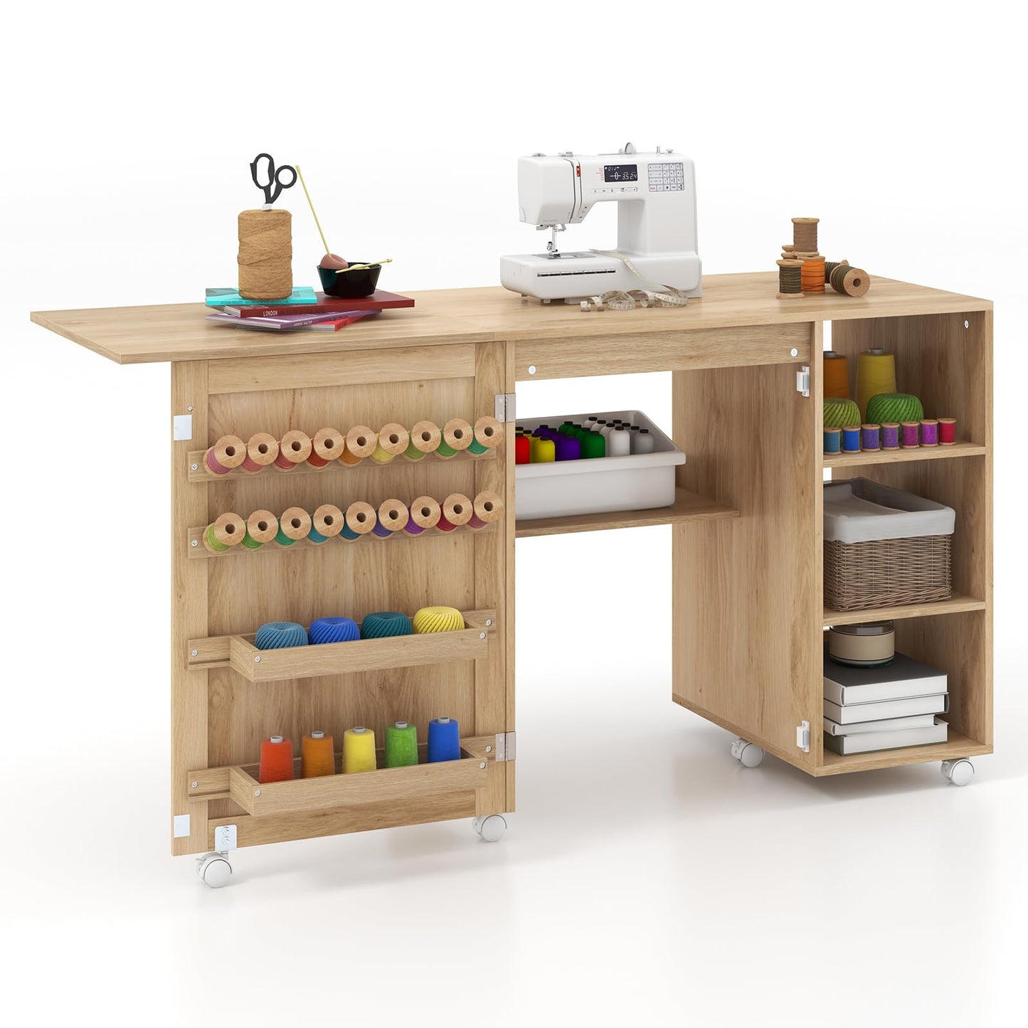 Folding Sewing Table, Mobile Craft Table with Rattan Door
