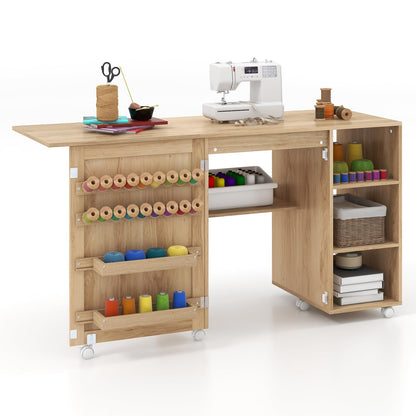 Folding Sewing Table, Mobile Craft Table with Rattan Door
