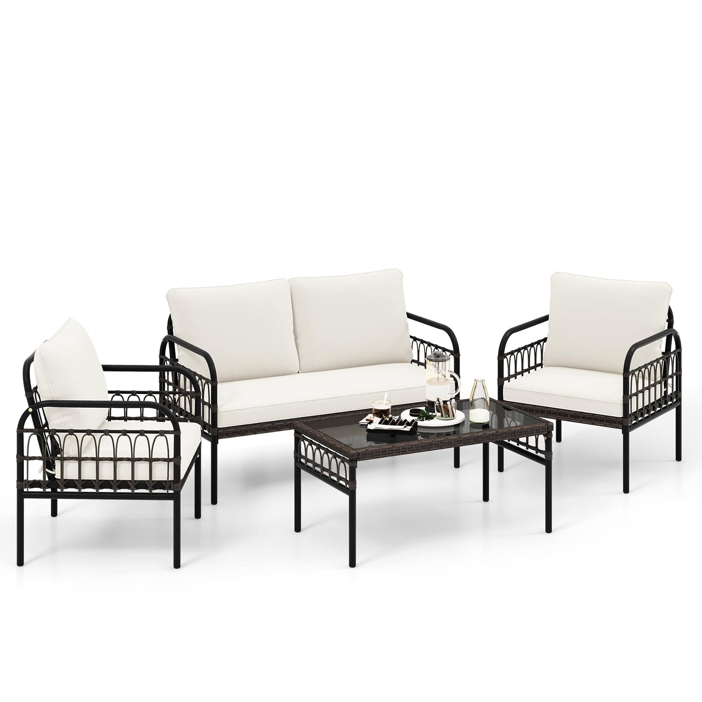 4 Piece Rattan Garden Furniture Set for Lawn Poolside