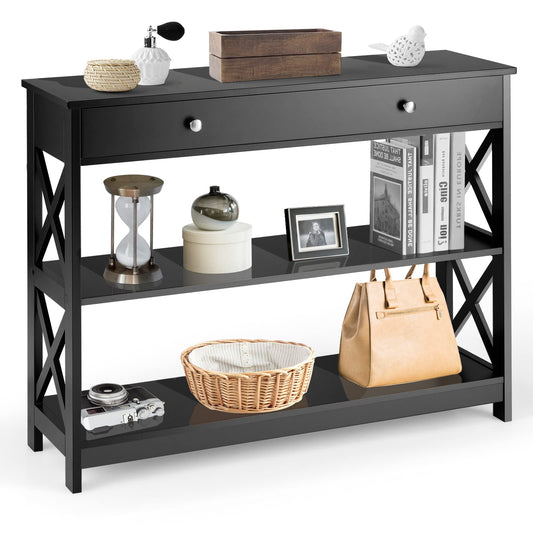 X-Shaped Sofa Side End Table with Drawer and 2 Storage Shelves