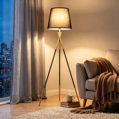 Modern Metal Tripod Floor Lamp with Fabric Shade & Foot Switch