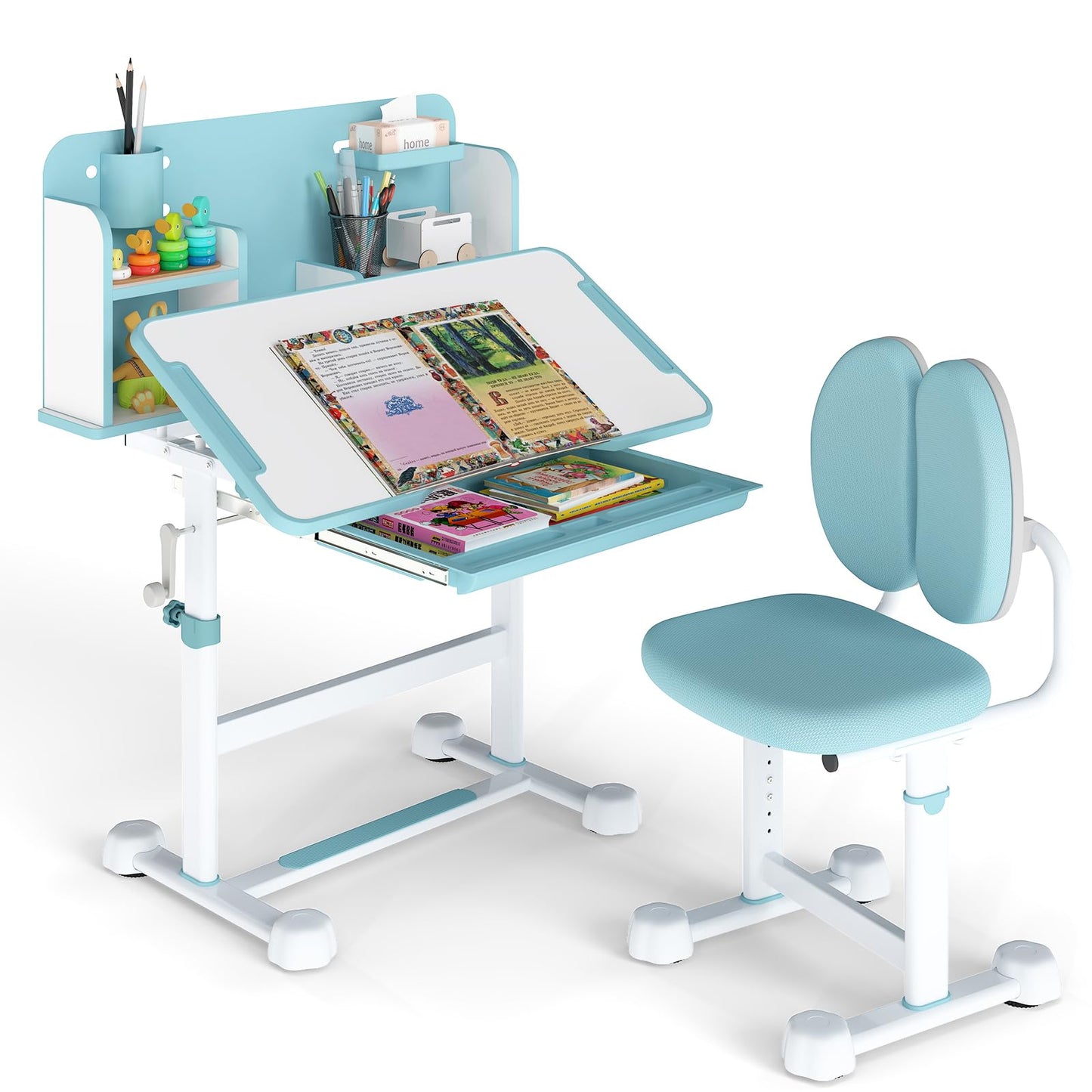 Kid's Study Desk and Chair Set with Tilt Desktop and Footrest Bar