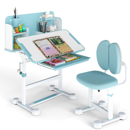 Kid's Study Desk and Chair Set with Tilt Desktop and Footrest Bar