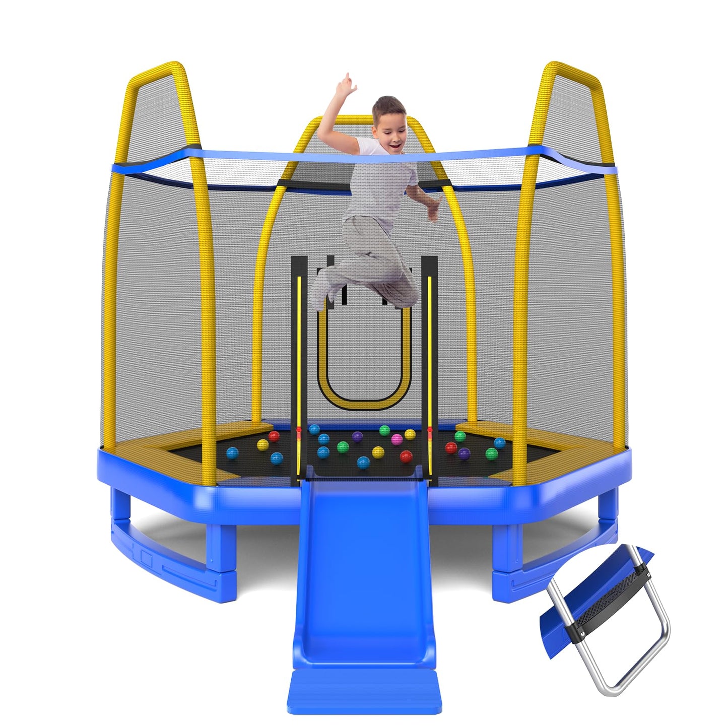 7 Feet Hexagonal Trampoline with Slide and Safety Enclosure Net