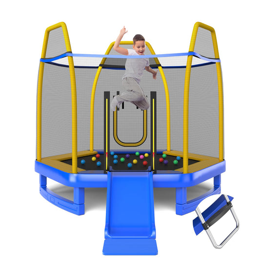 7 Feet Hexagonal Trampoline with Slide and Safety Enclosure Net