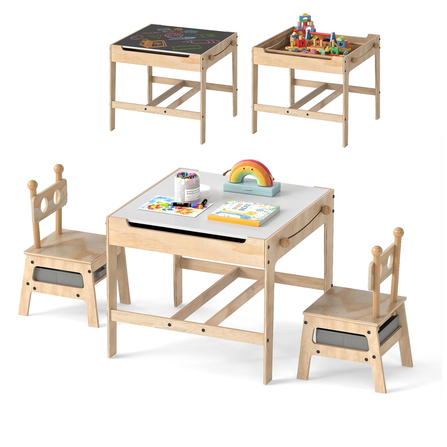 Kids Table and Chairs 4 in 1 Wooden Activity Desk Set (Robot Shape)