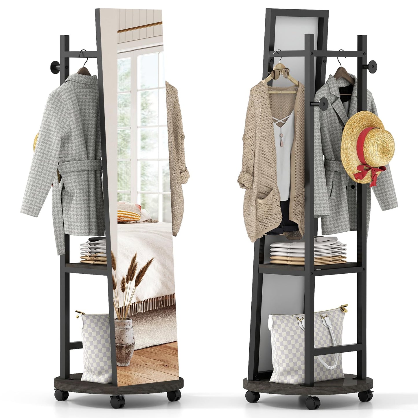 360¡ã Rotating Wood Frame Full Body Floor Mirror with Hanging Hooks