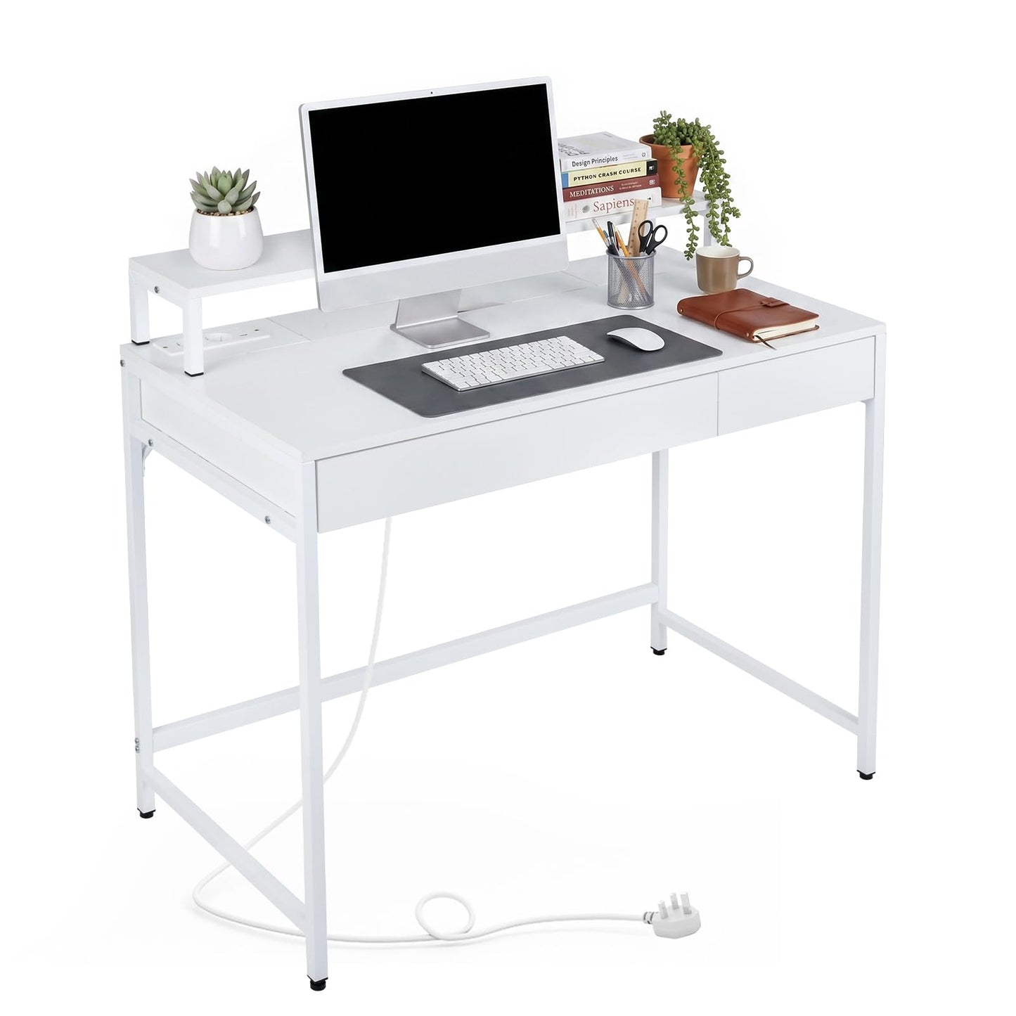 Computer Desk with Power Outlets, 100 x 50 x 90cm Office Desk | Removable Monitor Stand, Dual-use Drawer
