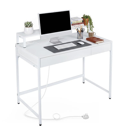 Computer Desk with Power Outlets, 100 x 50 x 90cm Office Desk | Removable Monitor Stand, Dual-use Drawer