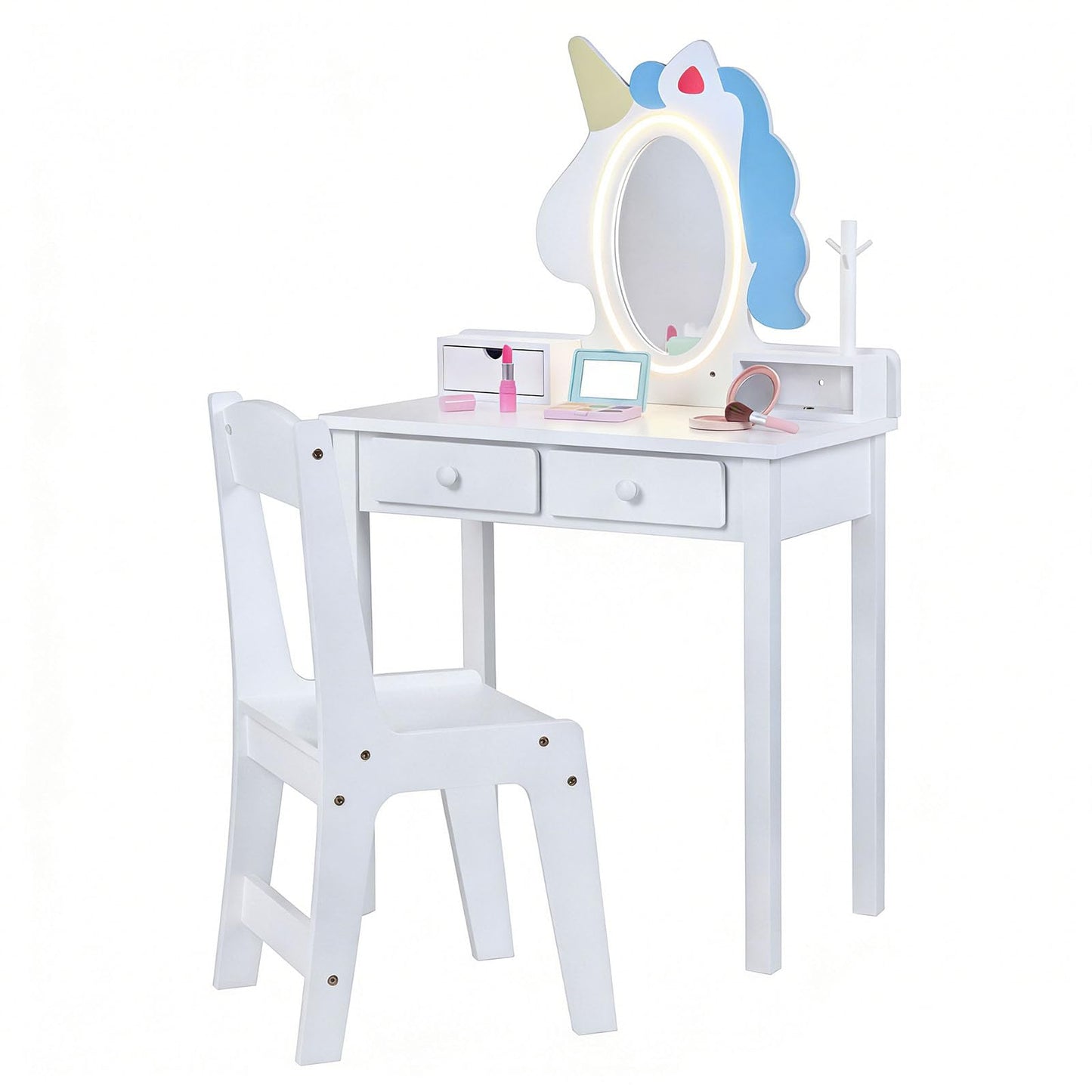 Kids Vanity Set with Lighted Unicorn Mirror & Stool and Jewelry Rack for Girls