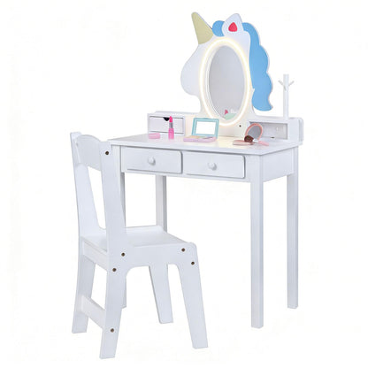 Kids Vanity Set with Lighted Unicorn Mirror & Stool and Jewelry Rack for Girls