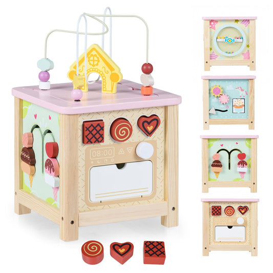 Wooden Activity Cube, Baby Montessori Sensory Toys with Bead Maze, Shape Sorter