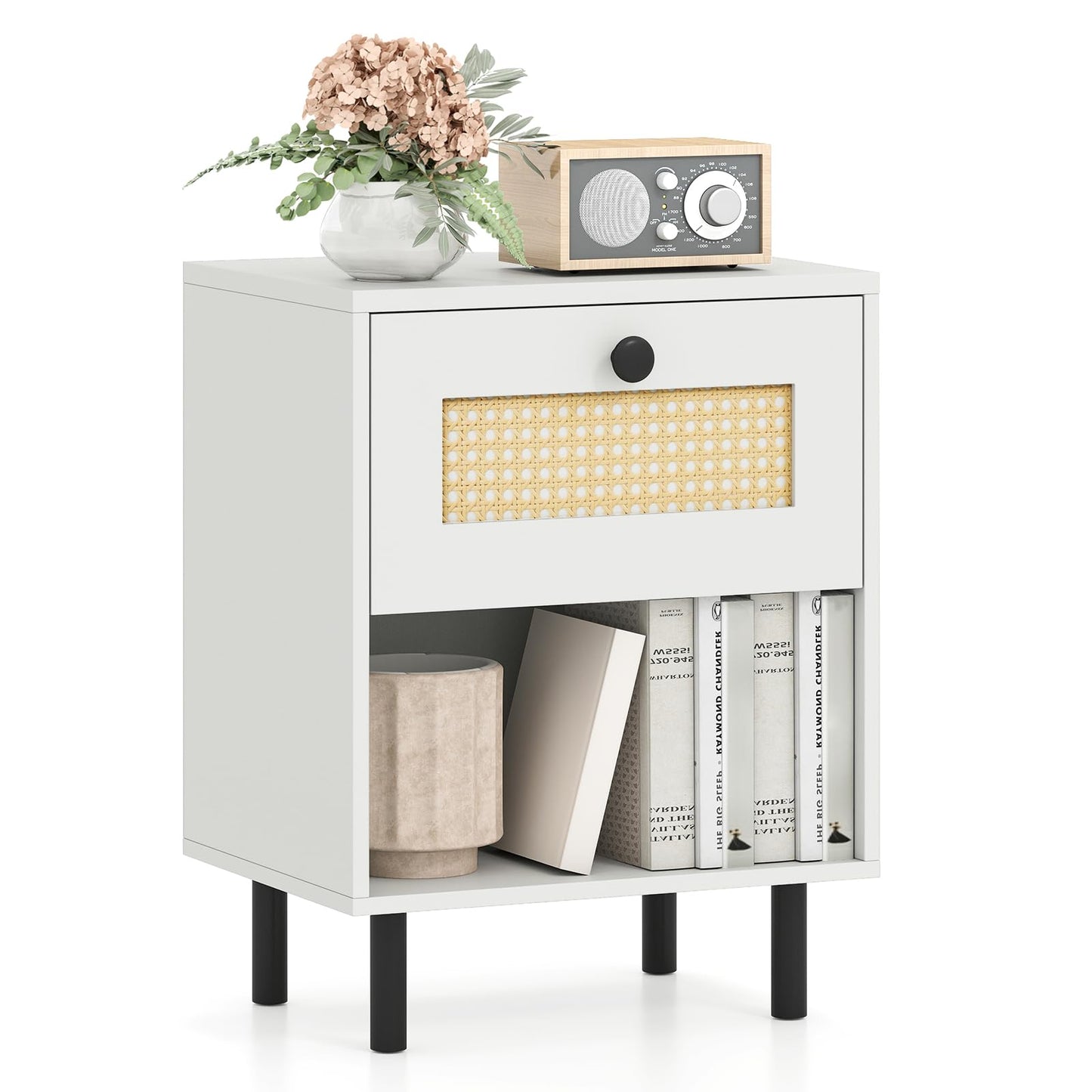 Rattan Nightstand with Drawer and Open Storage Shelf for Living Room