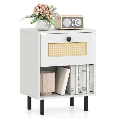 Rattan Nightstand with Drawer and Open Storage Shelf for Living Room