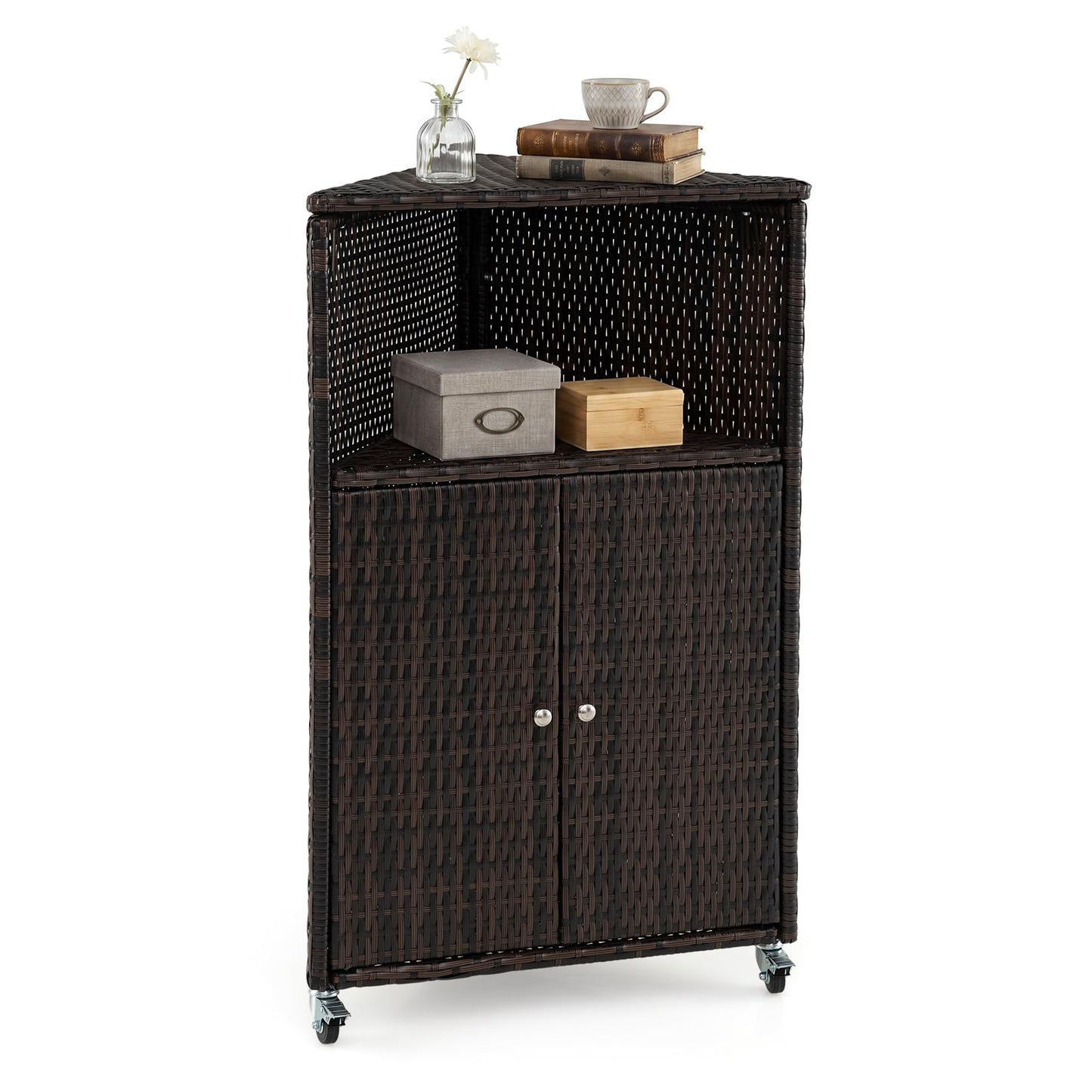Outdoor Storage Cabinet, PE Rattan Corner Bar Cart with Shelves