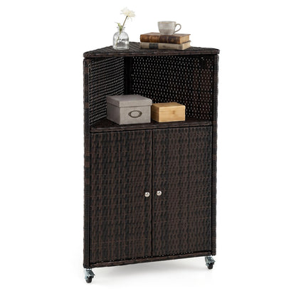 Outdoor Storage Cabinet, PE Rattan Corner Bar Cart with Shelves