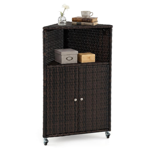 Outdoor Storage Cabinet, PE Rattan Corner Bar Cart with Shelves