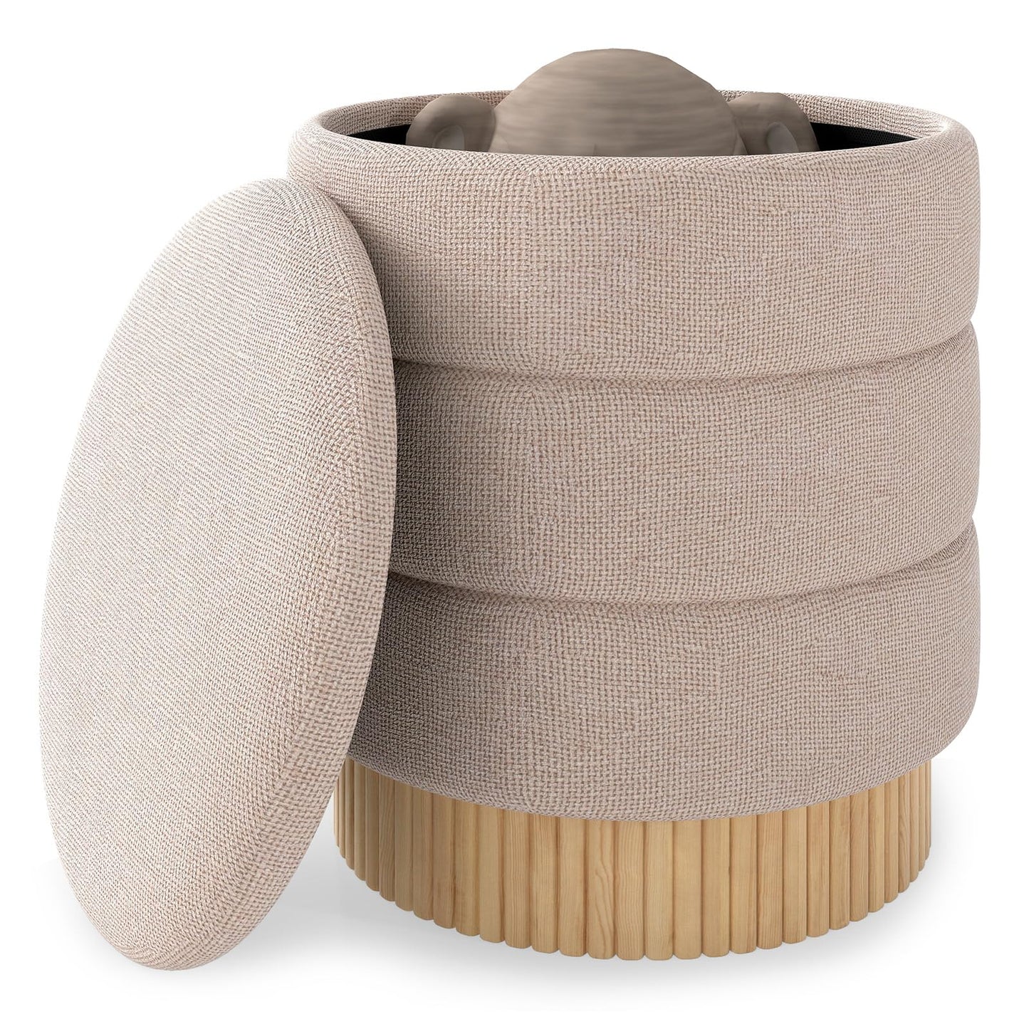 Modern Round Storage Ottoman with Removable Lid and Solid Wood Base