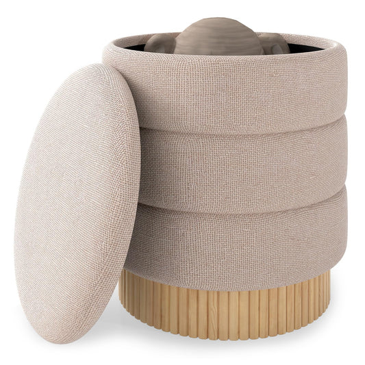 Modern Round Storage Ottoman with Removable Lid and Solid Wood Base