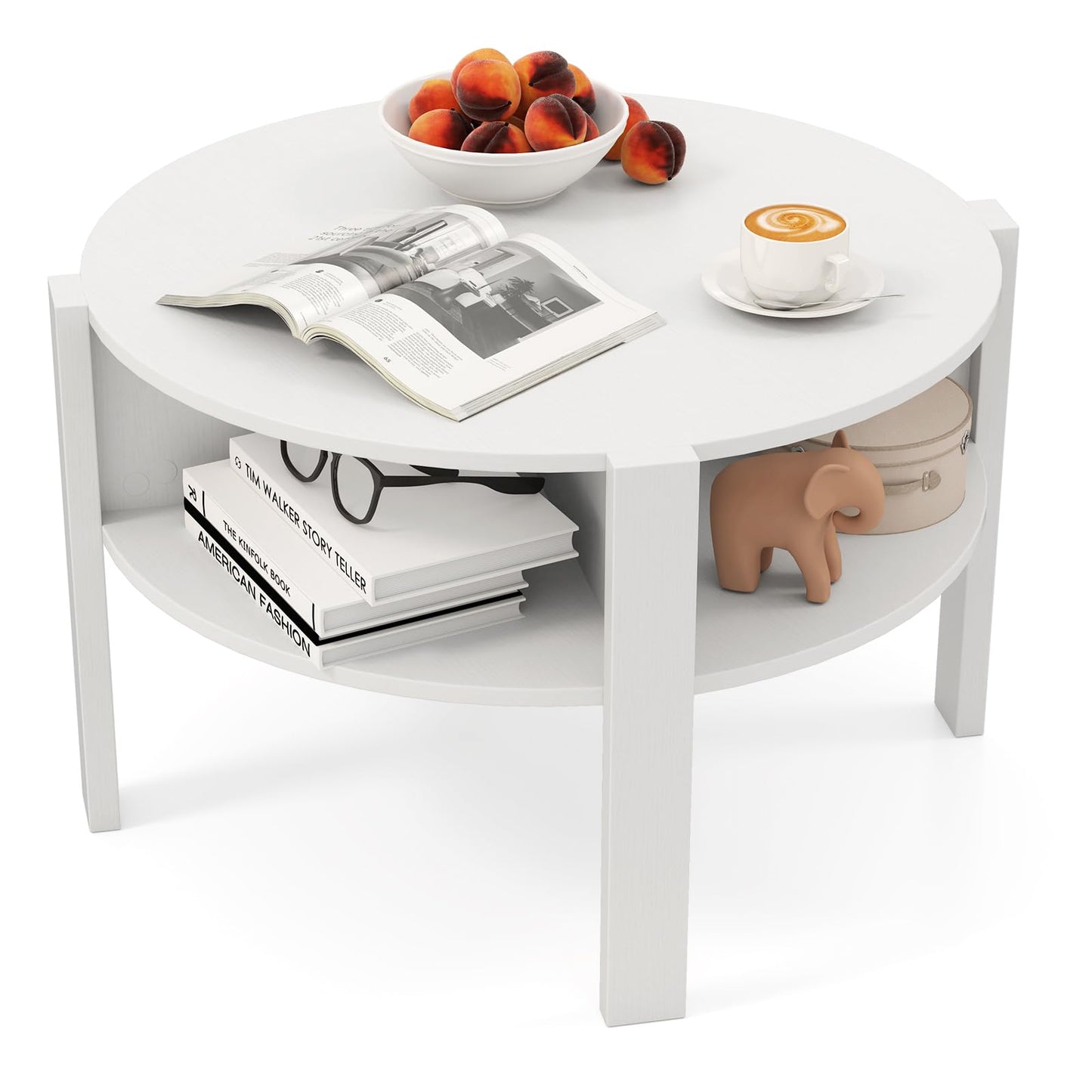 2 Tier Cocktail Center Accent Tea End Sofa Side Table with 4 Open Storage Shelves