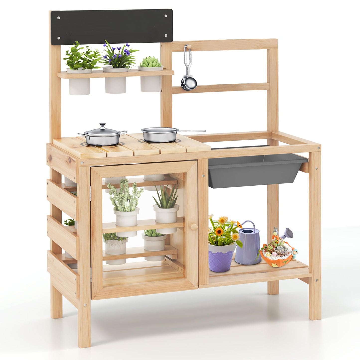 Patio Wooden Pretend Play Kitchen with Plants Observation Room for Kids Outdoor