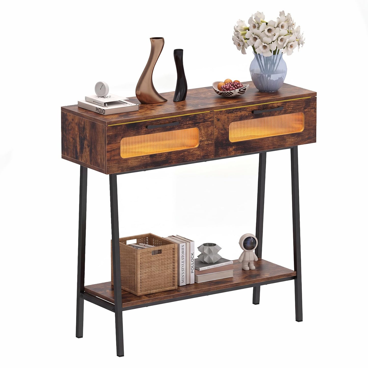 2-Tier Farmhouse Console Table with Colorful LED Lights and Open Shelf