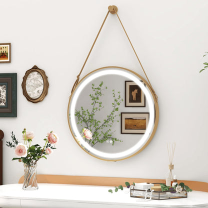 Hanging Wall Bathroom Mirror with Hanging Strap and 3 Colors LED Light