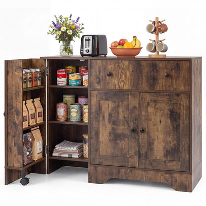 Storage Cabinet with 3 Doors, 3-Tier Side Rack & Lockable Wheel