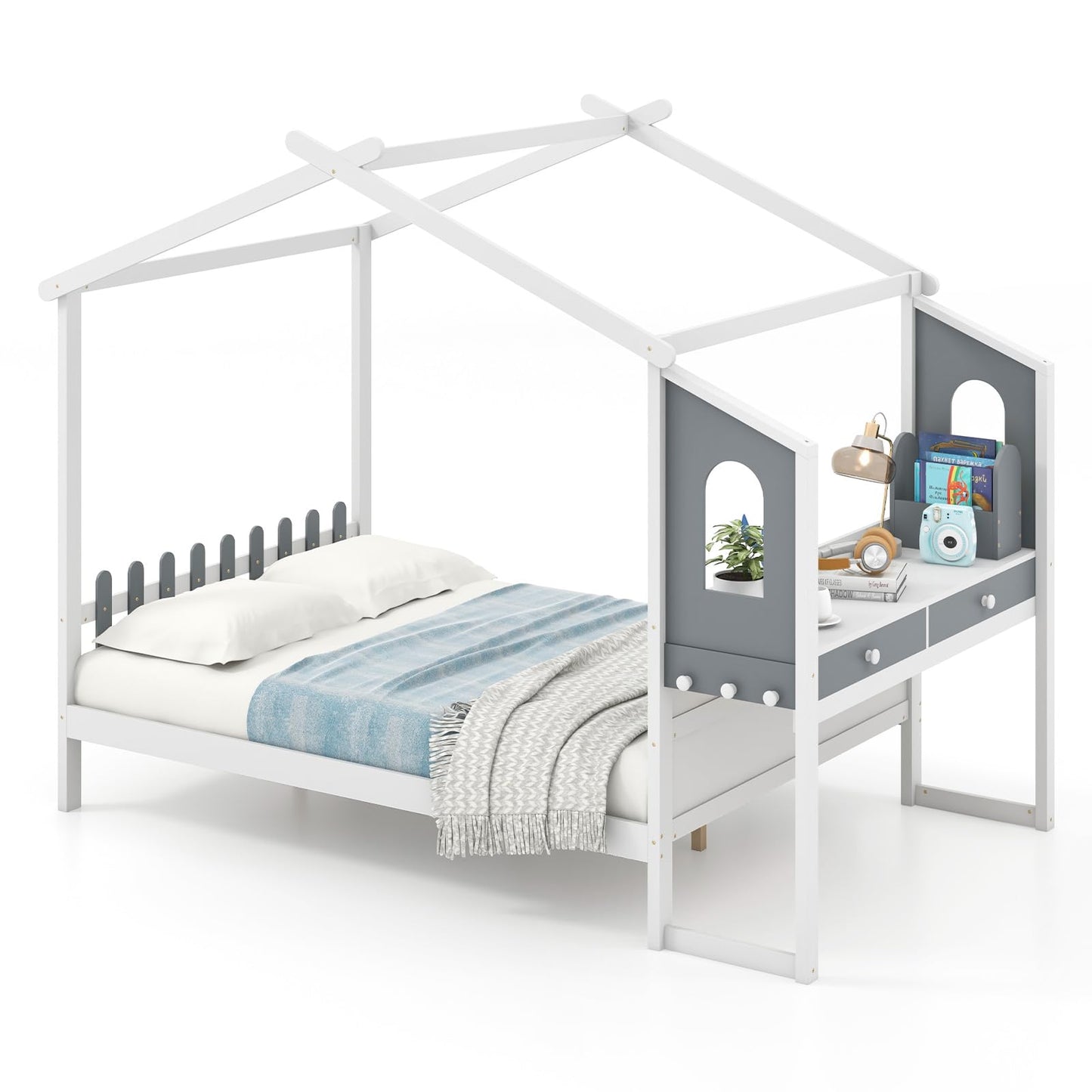 Single/Double House Bed Wood Montessori Bed Frame with Desk