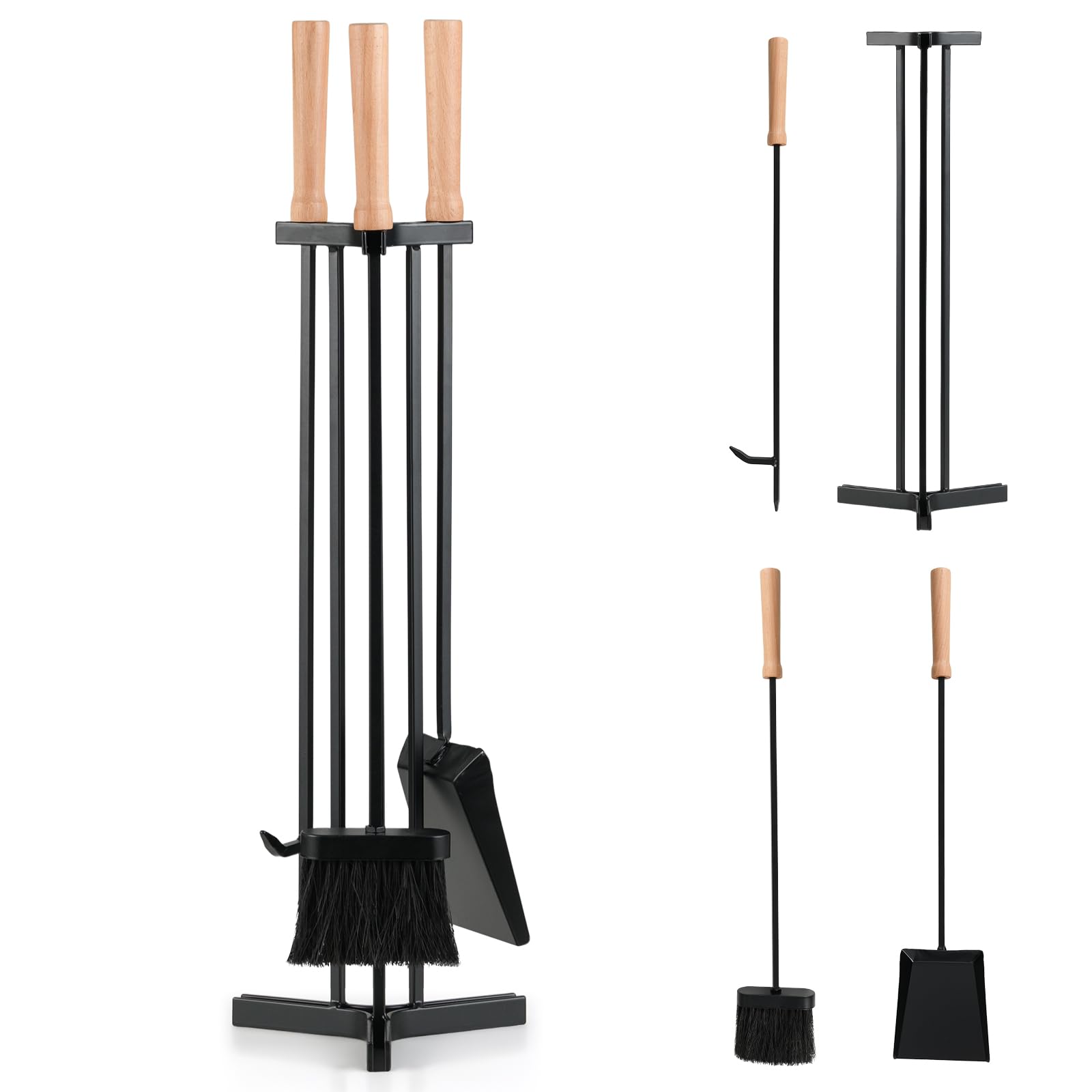 4-Piece Metal Fireplace Tools Set with Wood Handle and Base Stand Hold ...