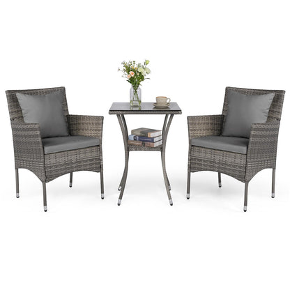 3-Piece Patio Bistro Set, PE Rattan Furniture Set with 2 Cushioned Chairs and Tempered Glass Table