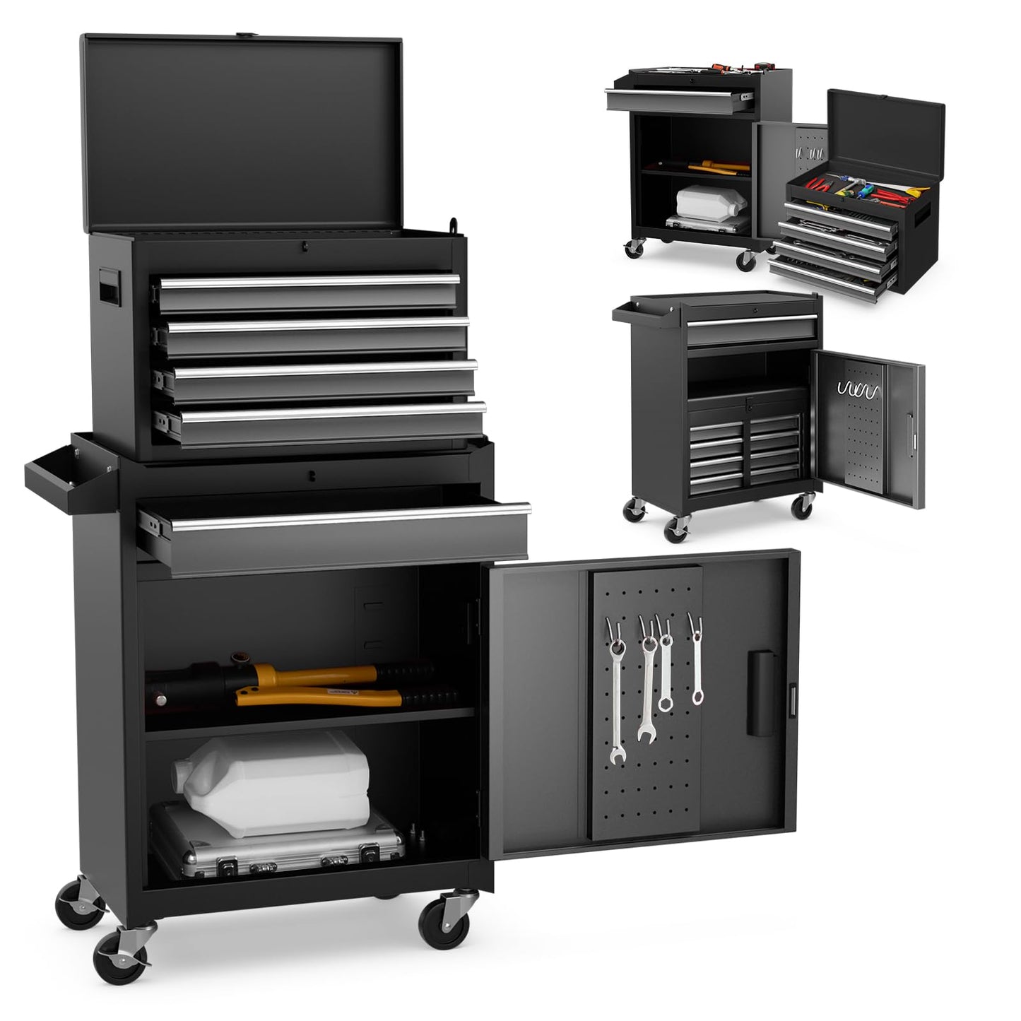 2 in 1 Lockable Metal Tool Chest with Removable Top Cabinet (with Adjustable Shelf)