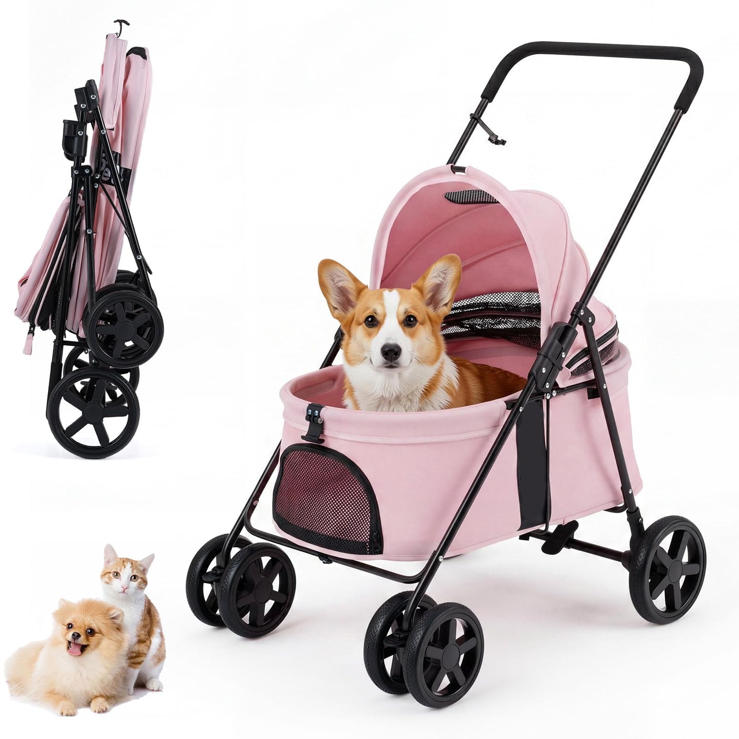 Pet Stroller, Foldable Dog Pushchair with 360°Swivel Wheels