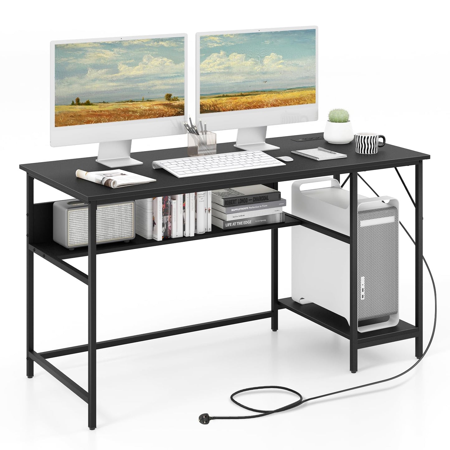 140 x 60 CM Computer Desk with Charging Station Home Office PC Desk with 4 Power Outlets and 2 USB Ports