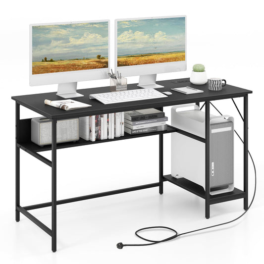 140 x 60 CM Computer Desk with Charging Station Home Office PC Desk with 4 Power Outlets and 2 USB Ports