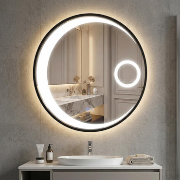 60 cm Round LED Bathroom Mirror with 3 Light Colors and Magnification Mirror