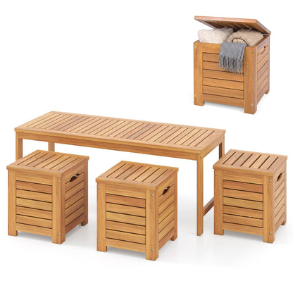 4-Piece Garden Bench and Storage Box Set, Acacia Wood Backless Patio Bench and Deck Boxes
