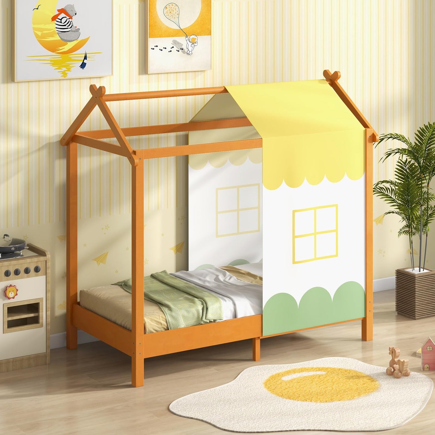 Kids House Bed with Roof Playhouse with Removable Canopy