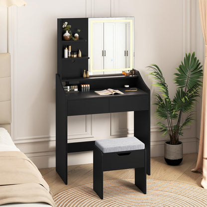 Dressing Table with LED Mirror and Cushioned Storage Stool