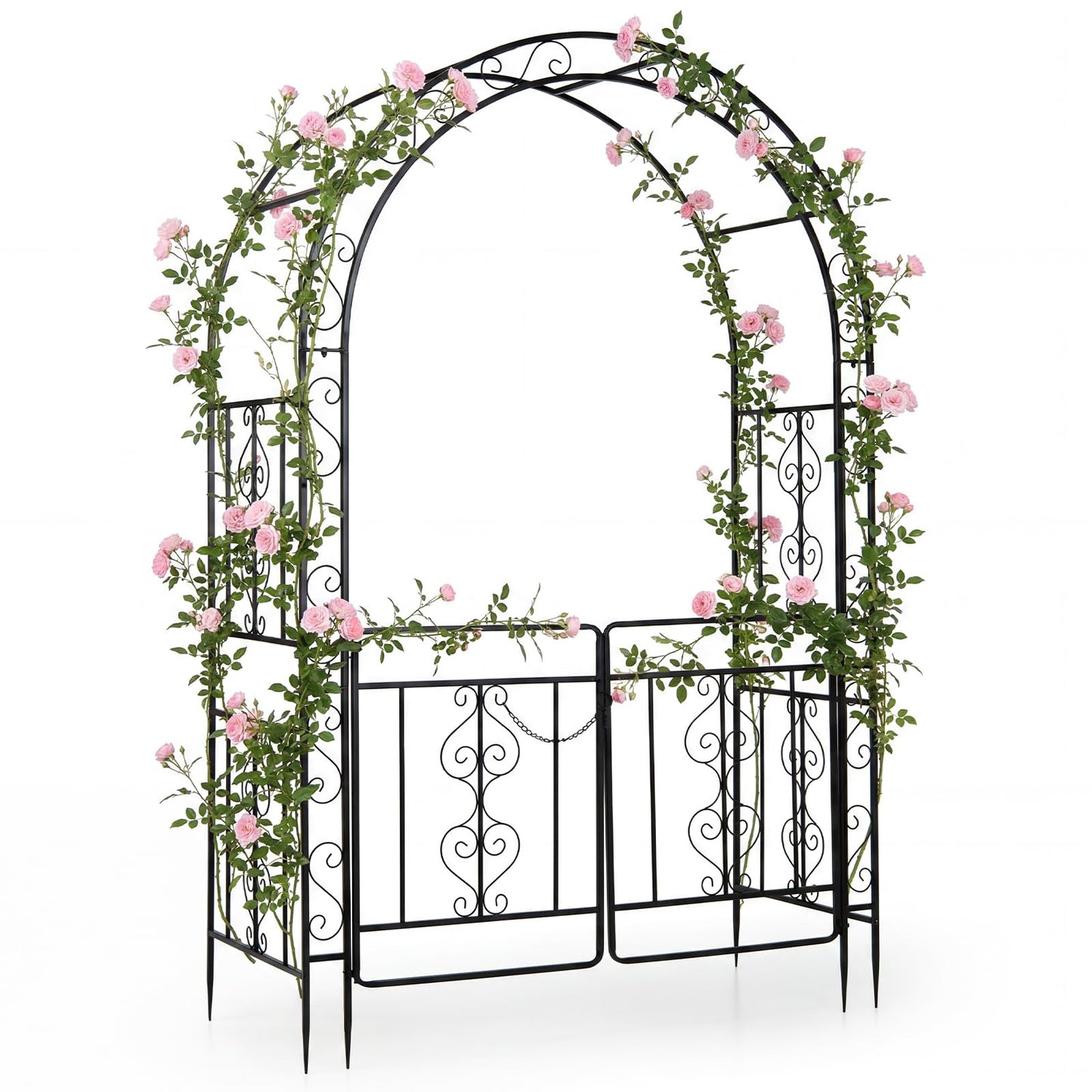 Garden Arch with Gate, Metal Pergola Arbor Trellis for Climbing Plant Rose Vines