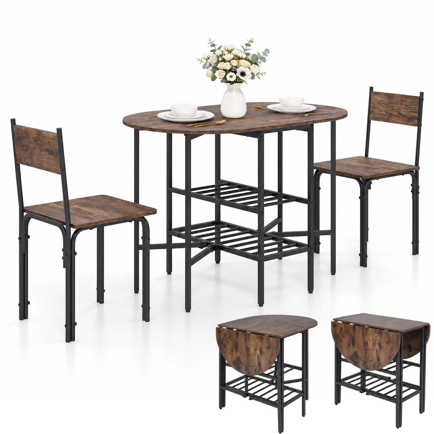 3-Piece Drop Leaf Dining Table Set with 2 Chairs and 2-Tier Storage Shelves for Kitchen