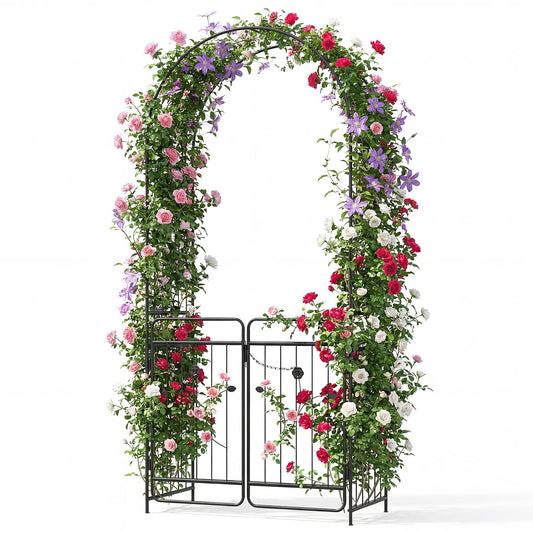 Garden Arch with Gate, Metal Pergola Arbor Trellis for Climbing Plant