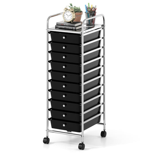 10 Drawers Storage Trolley, Home Office Stationary Rolling Cart with 4 Wheels