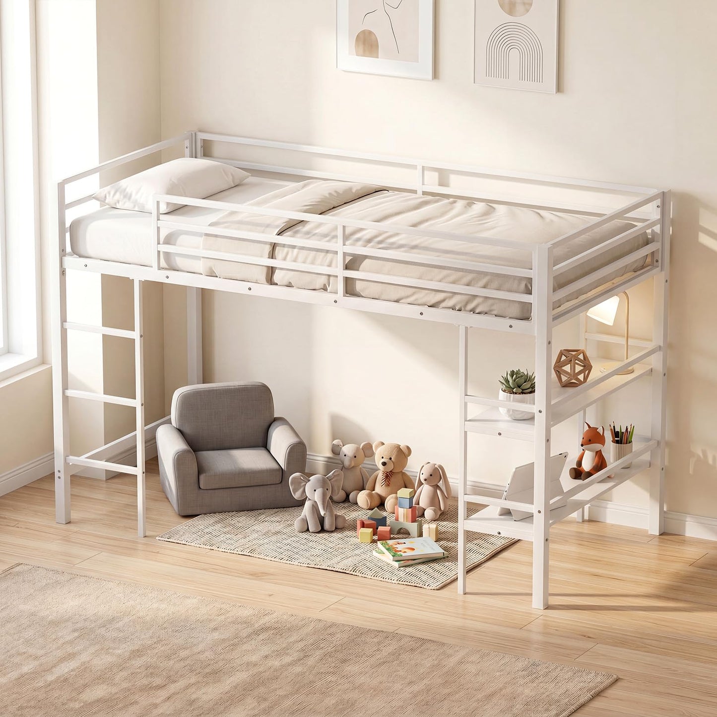 Kids Loft Bed, Metal Single Size Low Loft Bed with Under-Bed Space